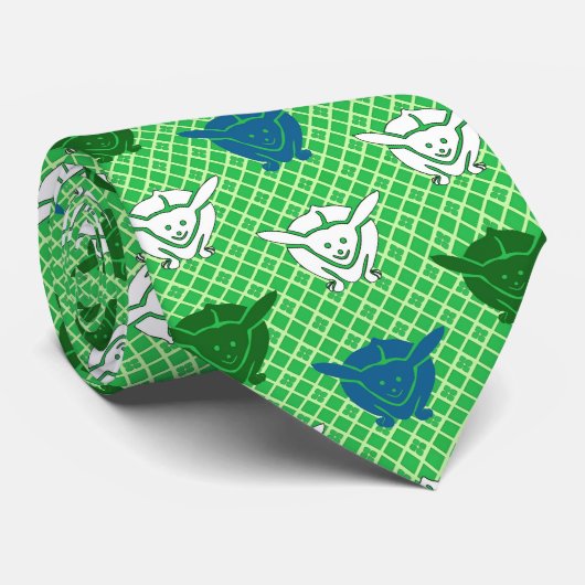 Cravate imprimé lapin japonais, vert, bleu et blanc (Roulé)
