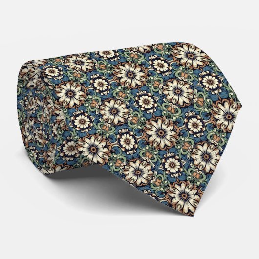 Cravate Indigo Blue, Dusty Blue, Sage... Floral Medallion (Roulé)