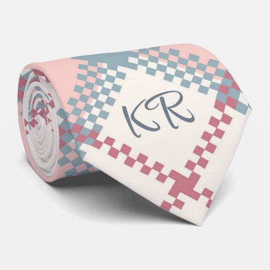 Cravate Initiales à pointes de croix blanc rose gris moder (Roulé)