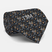 Cravate Initiales de monogramme florales bleu foncé transl (Roulé)