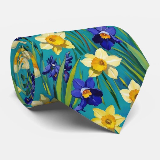 Cravate Irises Violettes Et Daffodiles Jaunes Turquoise Fl (Roulé)