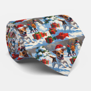 Cravate Jack Russell courant dans la neige avec un chapeau