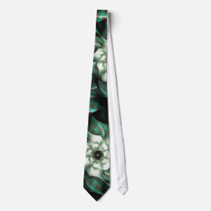 Cravate Jade foncé Vert et blanc Fleur fractale Abstraite