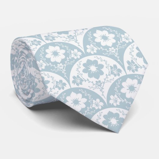 Cravate Japanese Floral Pattern in Soft Blue and White (Roulé)