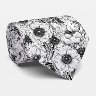 Cravate Jardin d'anémones en noir et blanc