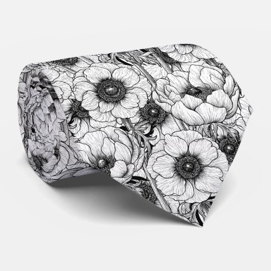 Cravate Jardin d'anémones en noir et blanc (Roulé)