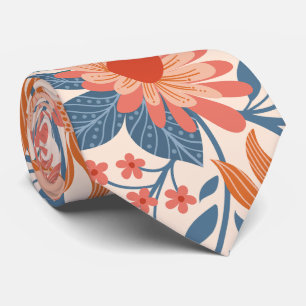 Cravate Jardin de corail et de sarcelle sur fond beige dou