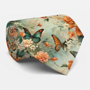 Cravate Jardin Floral Papillon Sarcelle Vintage