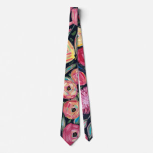 Cravate Jardin Floral Rose Coloré Gras sur Fond Noir
