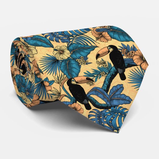 Cravate Jardin toucan en jaune et bleu (Roulé)