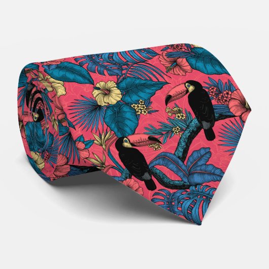 Cravate Jardin toucan en rouge et bleu (Roulé)