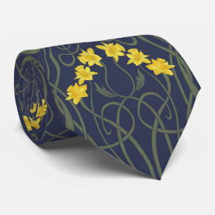 Cravate Jaune Art Nouveau Jonquilles et Tiges Bleues