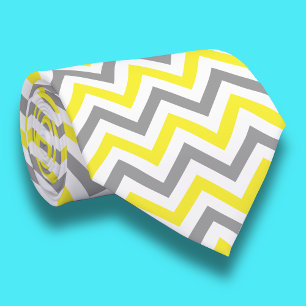 Cravate Jaune, motif chevron zigzag grand gris foncé blanc
