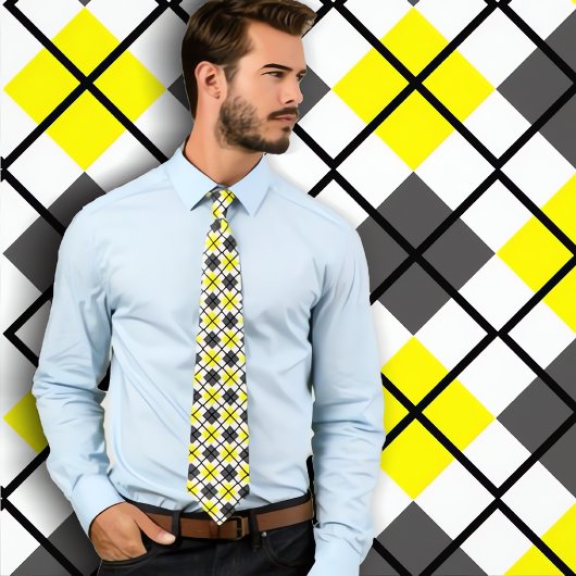 Cravate Jaune, noir, gris sur Jacquard blanc Imprimer crav