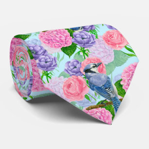 Cravate Jay bleu et fleurs motif aquarelle