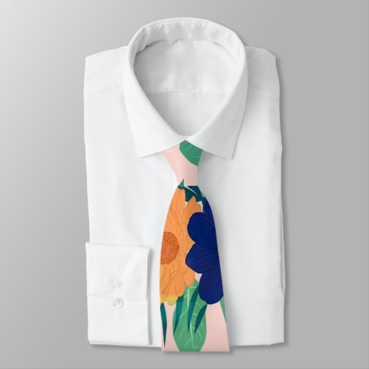 Cravate Joli bleu jaune fleuri et rose feuillage Design (Attaché)