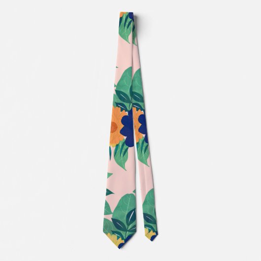 Cravate Joli bleu jaune fleuri et rose feuillage Design (Devant)