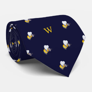 Cravate Joli Monogramme d'Abeille à Miel Aquarelle Bleu