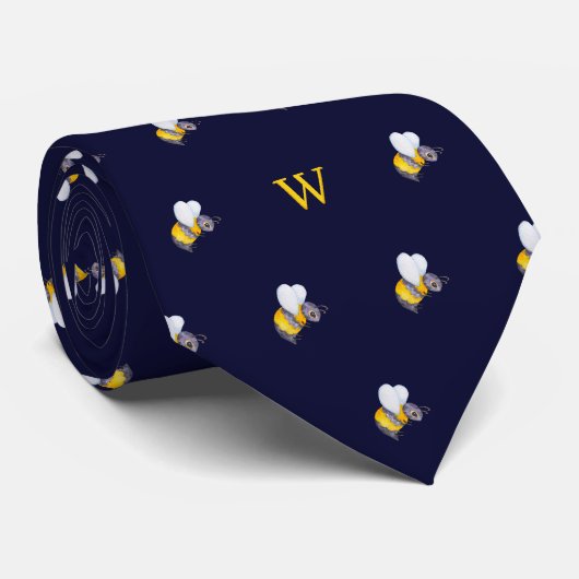 Cravate Joli Monogramme d'Abeille à Miel Aquarelle Bleu (Roulé)
