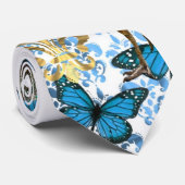 Cravate Joli paon et papillons bleus (Roulé)