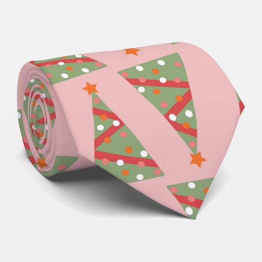 Cravate Joli sapin de Noël Motif rose vert rouge (Roulé)