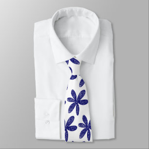 Cravate Jolie fleur - Bleu marine profond sur blanc