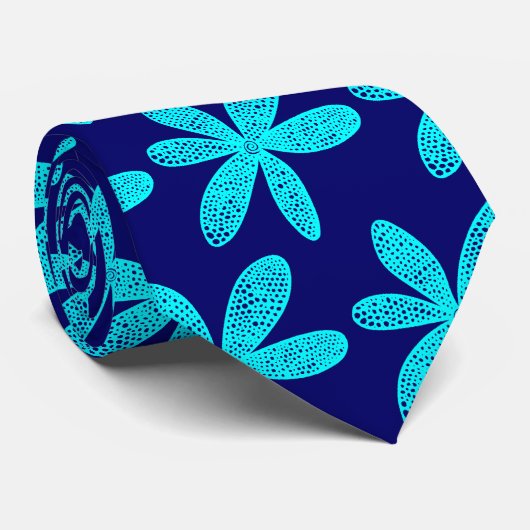 Cravate Jolie fleur - Cyan sur Deep Navy (Roulé)