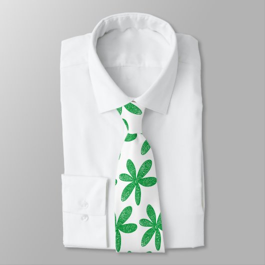 Cravate Jolie fleur - Vert herbe sur blanc (Attaché)