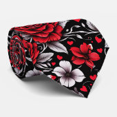 Cravate Jolie, Rouge, Roses noires et blanches, Coeurs (Roulé)