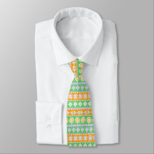 Cravate Jolis motifs ethniques orange et vert