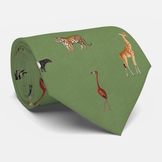 Cravate Jungle Safari Animals Pattern Green Neck Tie (Roulé)
