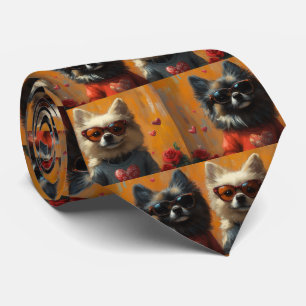 Cravate Keeshond avec Roses de cœur Saint-Valentin