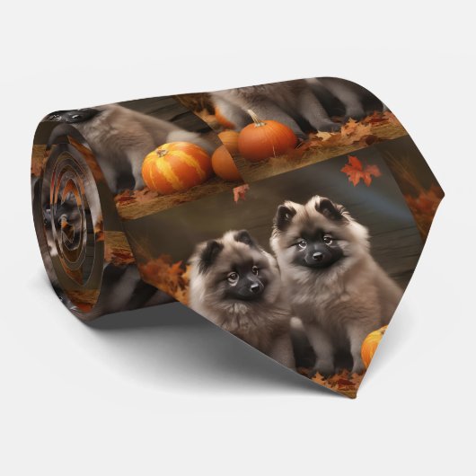 Cravate Keeshond Chiot Automne Citrouille délice (Roulé)