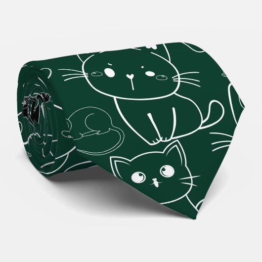 Cravate Kittens Pattern.b. KITP01 🐱.DGreen BG (Roulé)