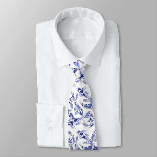 Cravate Koi bleu et blanc (Attaché)