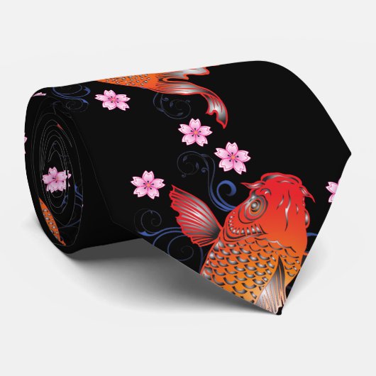 Cravate KOI noir orange oriental (Roulé)