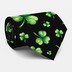 Cravate La Saint-Patrick Watercolor Shamrock sur fond noir