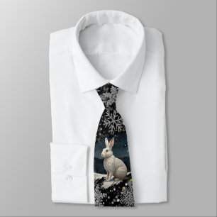 Cravate Lapin blanc de Noël élégant aux flocons d'argent