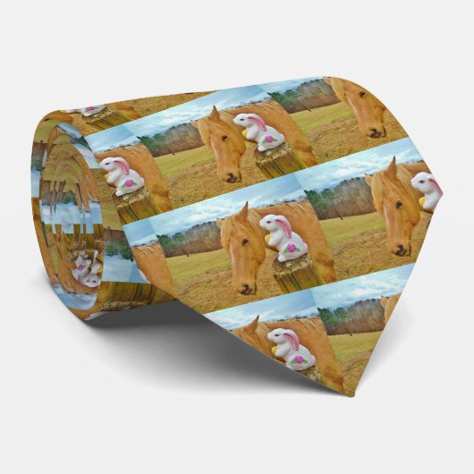 Cravate Lapin blanc et cheval jaune blond (Roulé)