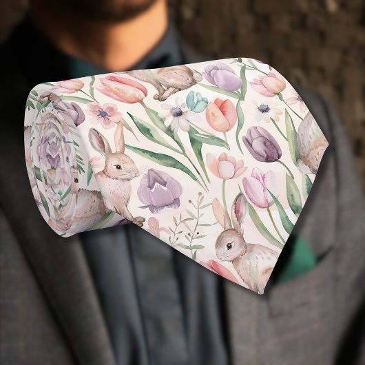 Cravate Lapin Gris Mignon avec Tulipes Colorées