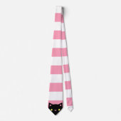 Cravate Le chat noir curieux | barre | rose et blanc (Devant)