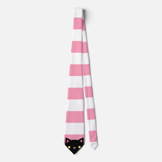 Cravate Le chat noir curieux | barre | rose et blanc (Devant)