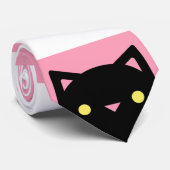 Cravate Le chat noir curieux | barre | rose et blanc (Roulé)