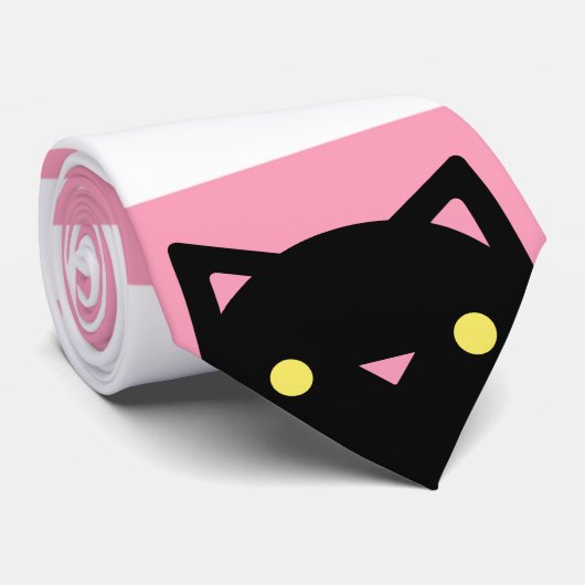 Cravate Le chat noir curieux | barre | rose et blanc (Roulé)