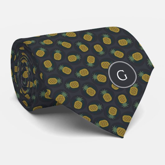 Cravate Le rétro ananas noir d'or modèle le monogramme (Roulé)