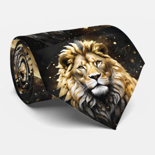 Cravate Le Roi : Lion Mâle Majestueux Or et Gris,