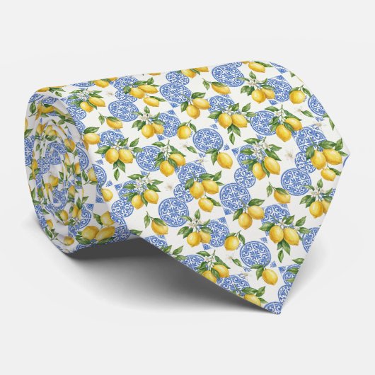 Cravate Lemons Blue White Tile Mediterranean Wedding Groom (Roulé)