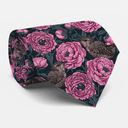 Cravate Les pivoines et les brins sur gris foncé (Roulé)
