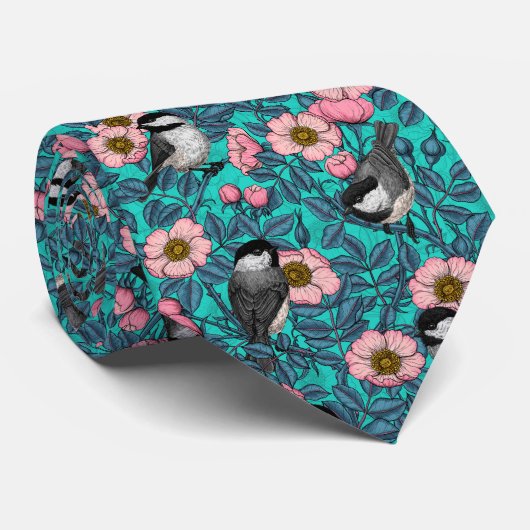 Cravate Les poulets dans la nature rose, rose et bleu (Roulé)