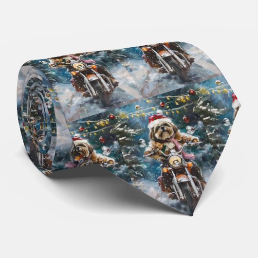 Cravate Lhasa Apso Chien à Moto Noël (Roulé)